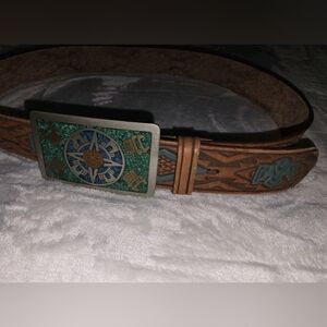 Vintage hand-laced genuine leather belt Silver Blue Turquoise Belt Buckle 36